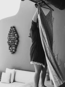 bride hanging her dress in Cala de mar for her intimate wedding in Zihuatanejo Mexico. 