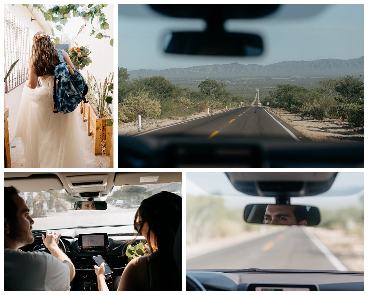 La-Ventana-elopement-photographer couple driving from their Airbnb to the beach for their intimate elopement just the two of them in La Ventana.