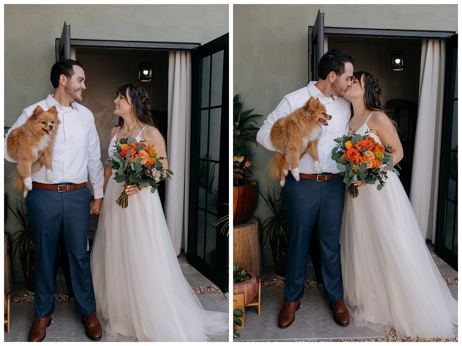 todos-santos-elopement-photographer couple before their ceremony holding their puppy.