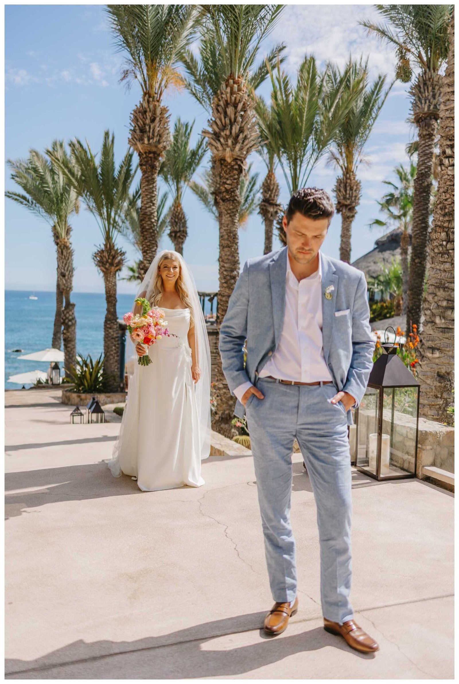 bride and groom first look at la Esperanza resort in Cabo San Lucas 